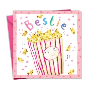 Carte d’anniversaire Bestie pour les filles avec un joli design de pop-corn - Carte d’anniversaire pour enfants pour filles - Carte d’anniversaire filles - Carte filles