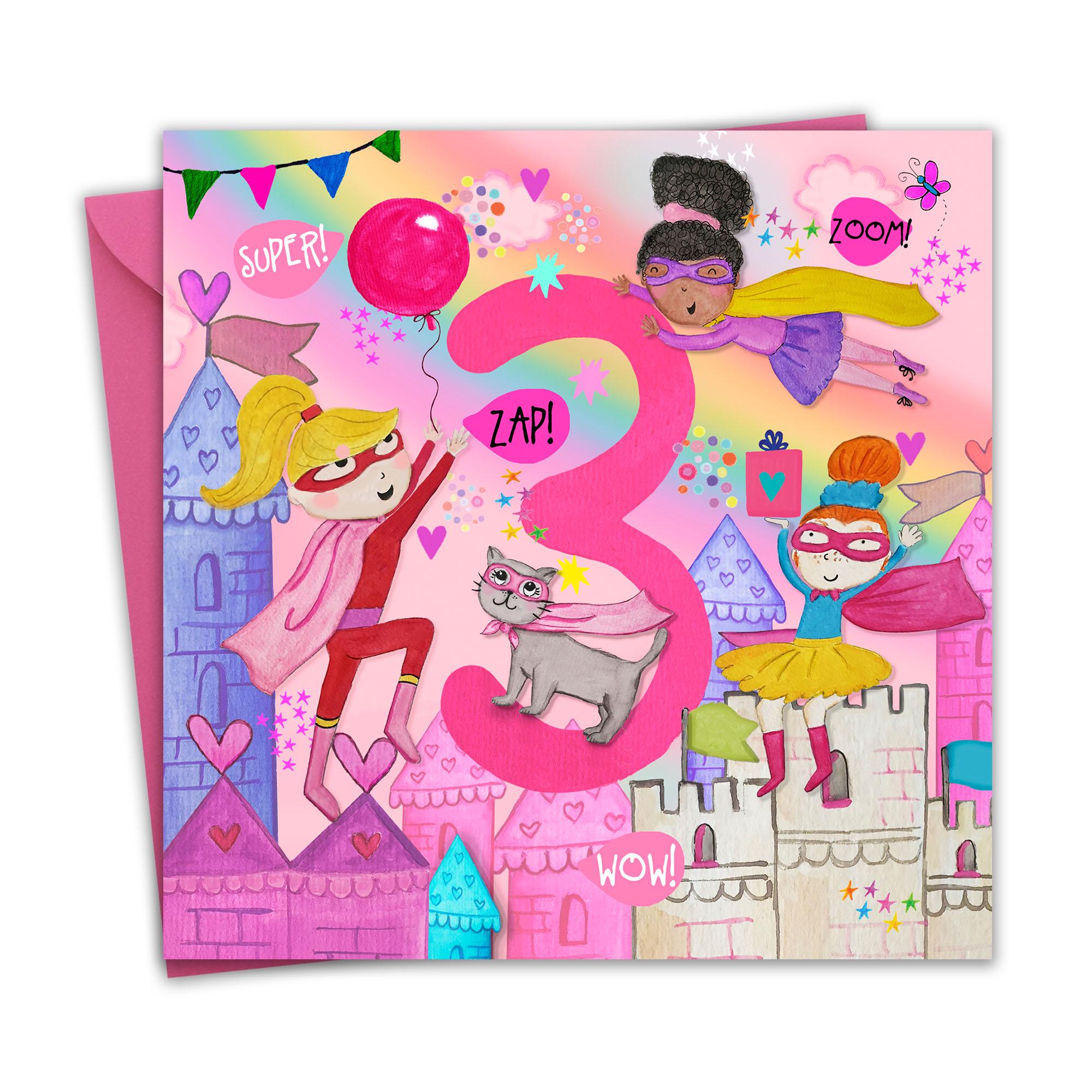 3rd Birthday Card for Girls - Superhero - Age 3 Year Old Childrens 