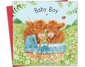 Baby Boy Card - Highland Cow - New Baby Boy Card - Newborn Shower - Mum To Be - Dad To Be