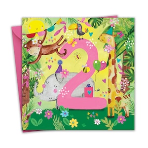 Carte de 2e anniversaire pour fille - Animaux de la jungle - Carte de joyeux anniversaire 2 ans - Carte de deuxième anniversaire pour enfants - Carte de 2 ans pour enfants de 2 ans