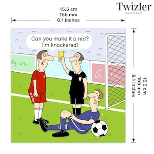 Puede incluir: Una ilustraci&oacute;n de dibujos animados de un jugador de f&uacute;tbol tumbado en el campo con una tarjeta amarilla que le muestra un &aacute;rbitro. El texto en la tarjeta dice "&iquest;Puedes hacer que sea roja? &iexcl;Estoy reventado!"