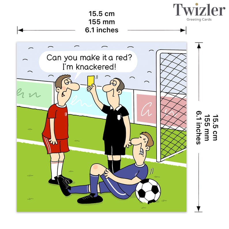 Puede incluir: Una ilustraci&oacute;n de dibujos animados de un jugador de f&uacute;tbol tumbado en el campo con una tarjeta amarilla que le muestra un &aacute;rbitro. El texto en la tarjeta dice "&iquest;Puedes hacer que sea roja? &iexcl;Estoy reventado!"