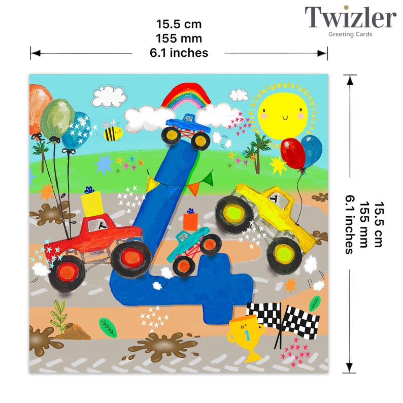 May include: A blue number four with a monster truck theme. The number is surrounded by monster trucks, a rainbow, stars, and a smiling sun. The card is 6.1 inches by 6.1 inches.