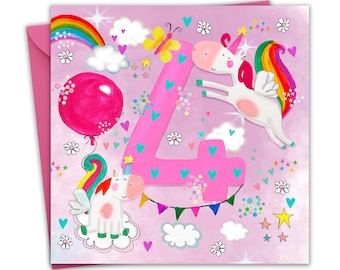 Karte zum 4. Geburtstag für Mädchen - Einhörner - 4 Jahre Alles Gute zum Geburtstag - Karte zum 4. Geburtstag - Junge - 4 Jahre alter Kinder-Geburtstagskarte Alter Vier