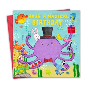 Carte d'anniversaire pour enfants Pieuvre magique - Carte de joyeux anniversaire pour enfants, garçons ou filles - Carte d'anniversaire de magicien Fils Fille Petit-fils Petite-fille
