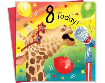 8th Birthday Card for Boy or Girl Giraffe - Children's Eighth Birthday Card - Kids Age 8 Happy Birthday - Age Eight
