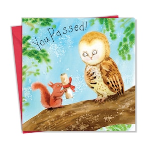 Vous avez réussi la carte avec un hibou et un écureuil mignons - Carte d'examen réussie - Carte d'examen bien faite - Vous avez réussi votre carte d'examens - Carte de félicitations à l'examen