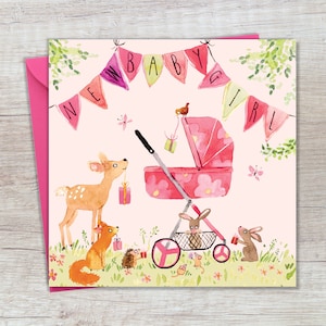 Neues Baby Mädchen Karte Waldtiere - Herzlichen Glückwunsch neue Baby Karte