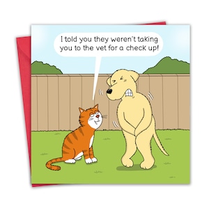 Biglietto divertente con cane e gatto - Biglietto di auguri di buon compleanno per uomini o donne - Biglietto vuoto all'interno per lui o per lei - Biglietto umoristico per mamma o papà per marito o moglie