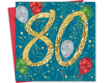 May include: A blue card with a gold number 80 on it. The number is surrounded by fireworks and balloons. The balloons are red, green, and white.