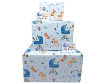Nieuw inpakpapier voor babyjongens - Blauwe bosdieren - 2, 4 of 6 vellen en labels - 70 cm x 50 cm gevouwen vellen - Babyshower cadeauverpakking