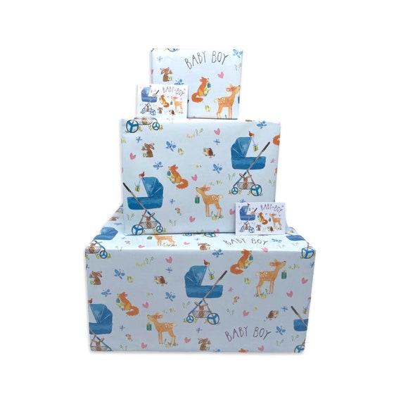 New Baby Boy Wrapping Paper Blue Woodland Animals 2 4 or 