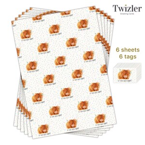 May include: A stack of six sheets of wrapping paper featuring a cartoon Highland cow with the text "Let your hair down!" printed on a white background with blue and white polka dots. The wrapping paper is accompanied by six matching gift tags.