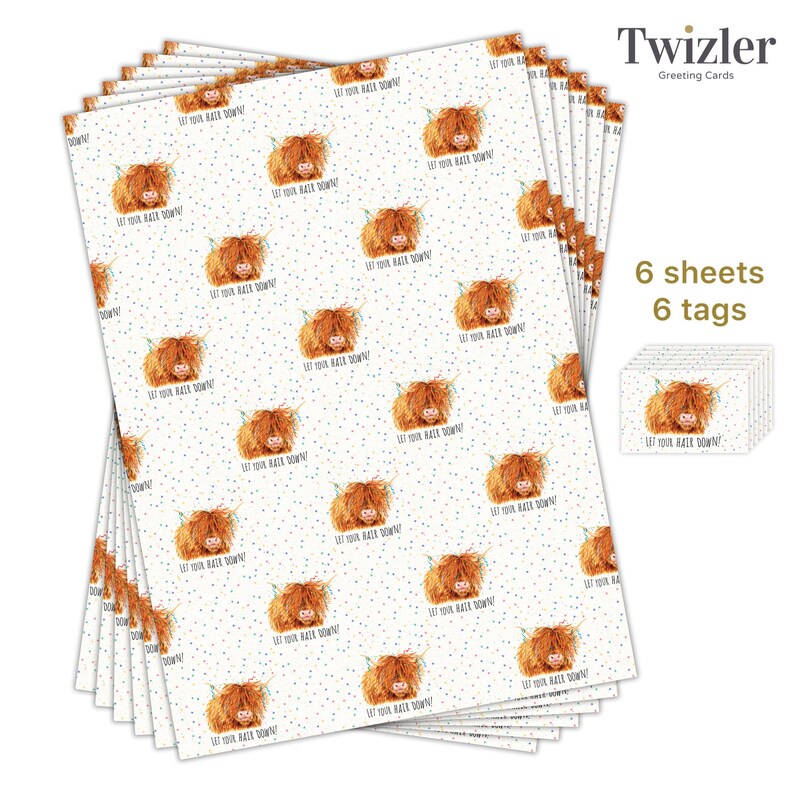 May include: A stack of six sheets of wrapping paper featuring a cartoon Highland cow with the text "Let your hair down!" printed on a white background with blue and white polka dots. The wrapping paper is accompanied by six matching gift tags.