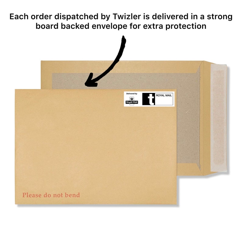 May include: A brown cardboard envelope with a "Please do not bend" label and a Royal Mail sticker. The envelope is designed for extra protection.