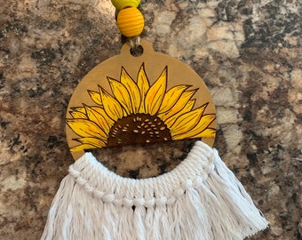 Sonnenblume Makramee Spiegel Charm Ornament oder Taschenanhänger