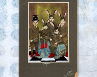 Oops, Too Many Bunnies • Edwardian Photo Mixed Media • Altered Found Photo • Dark Whimsy Art