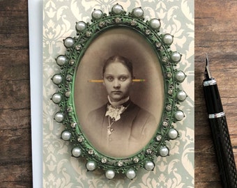 Funny Victorian Photo Notecard: Pencil Portrait Greeting Card, Blank Inside