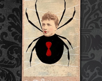 Black Widow • Altered Victorian Photo Art • Creepy Halloween Goth Art • Dark Academia Entomology