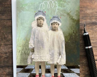 Mind Melding Sisters Greeting Card • Altered Vintage Photo Art • Blank Inside • Sisters Card