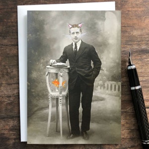 Carte de voeux drôle de chat • Carte photo modifiée des années 1920 • Carte de chat victorienne • Carte de chat heureux • Carte de fête des pères • Carte de félicitations