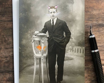 Funny Victorian Cat Greeting Card: Altered Photo Art Print, Blank Inside