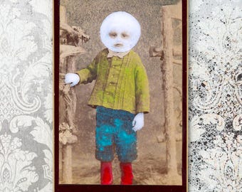 Moon Boy Altered Victorian Photo • Mixed Media Found Photo • Mini Original Art Gift
