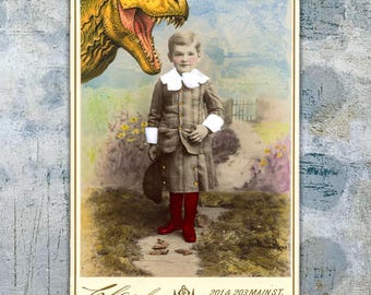 Hungry  T-rex • Altered Victorian Photo • Dark Whimsy Art • Cabinet Card Collage