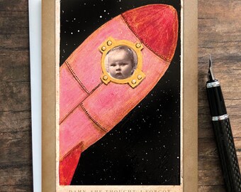 Baby in Space Greeting Card • Altered Victorian Photo Art Card • Blank Inside