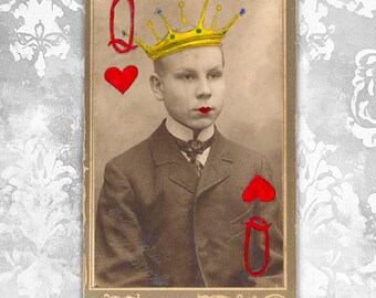Queen of Hearts Altered Victorian Photo • Mixed Media Found Photo Art