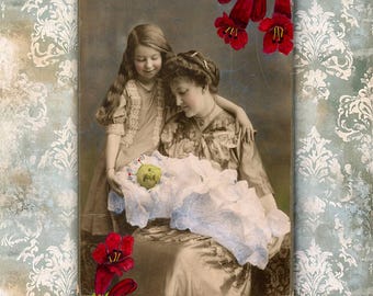 Mother's Love • Altered Edwardian Photo • Painted Antique Portrait • Dark Whimsy Alien Art