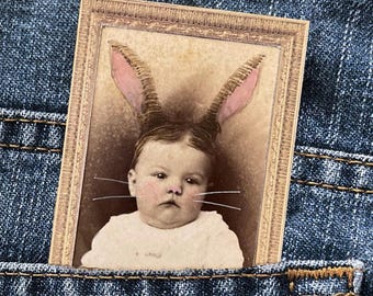 Cute Baby Bun Mini Mixed Media • 2"x3" Original Art • Tiny Altered Victorian Photo  • Magnet Back Option