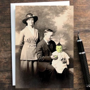 Green Baby Blank Greeting Card • Funny Photo Greeting Card • Altered Found Photo Blank Card • Altered Vintage Photo Greeting Card
