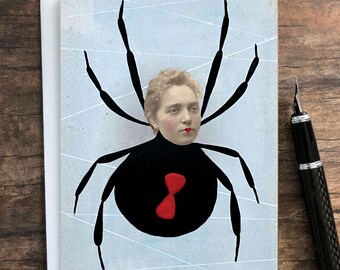 Black Widow Altered Photo Greeting Card •, Blank Inside • Surreal Victorian Gothic • Halloween Card
