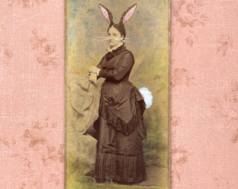 Large Altered Antique Photo • Victorian Bunny Woman • Mixed Media Hand-Painted Photo • Dark Whimsy Art