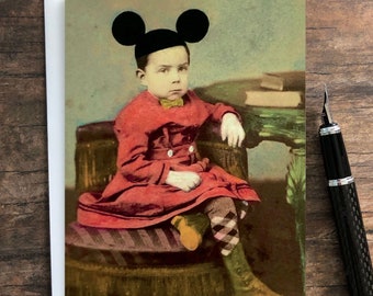 Mouse Ears Blank Greeting Card • Altered Victorian Photo Art • Funny Notecard • Blank Inside