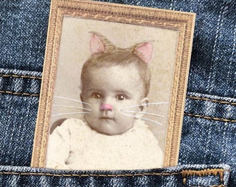 Purrrfect Little Kitten Mini Mixed Media • 2"x3" Original Art • Tiny Altered Victorian Photo • Magnet Back Option