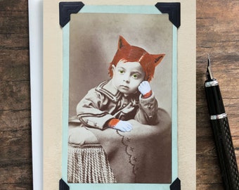 Cartão de felicitações com gatinho vitoriano • Cartão postal estilo cartão de visita modificado, interior em branco