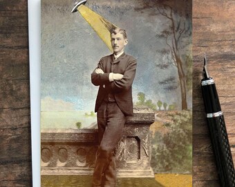 Funny Alien Abduction Greeting Card • Altered Vintage Photo Art • Blank Inside