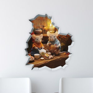 Tea Time Mäuse im Mausloch Aufkleber, gemütliche Wanddekoration, 3D Cartoon Fußleiste, Maus Wandaufkleber, Wandtattoo, Kinder, süße Maus Kunst A23