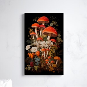 Impresión litográfica de setas, arte botánico de la pared de setas, lienzo de setas, arte de la pared de setas, impresión de carteles de setas, decoración gótica oscura I60