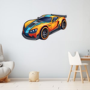 Hot Racing Car, muurstickers voor kinderkamer, vlammende wielen, kinderkamer decor, cartoon auto sticker, kinderkamer sticker, auto muur sticker B37