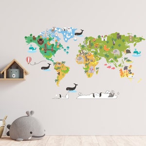 Animal World Map Wall Sticker Kids World Map Decal World Map Wall Decal World map Peel & Stick Fabric Decal 1C16