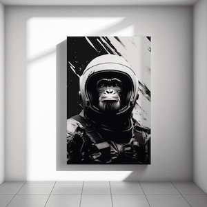 Astronaut Affe Leinwand, schwarz weiße Kunst, Schimpanse Wandkunst, Affe Poster, cooler Affe, Tier Leinwand, Dschungeltier J17