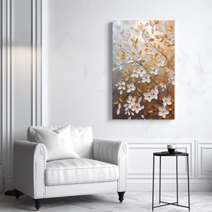 Abstract goud witte bloemenprint, witte en gouden slaapkamerkunst, bloemencanvas, botanisch canvas, bloemenmuurdecor, bloemenposter I19