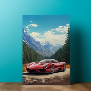 Sports Car Print, Forest Landscape Canvas Print, Red Car Canvas, SportCar Print, Large Wall Art, Gift for Car Owner, Car Poster Print H66