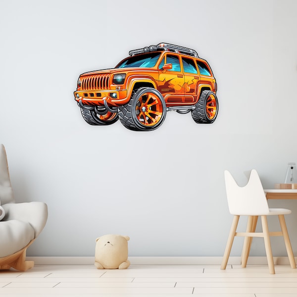 Offroad-Auto-Wandaufkleber, Wandaufkleber für Kinderzimmer, flammende Räder, Kinderzimmer-Dekoration, Cartoon-Auto, Kinderzimmer-Aufkleber, Auto-Wandaufkleber B47