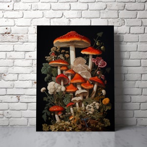 Setas rojas, litografía, arte botánico de la pared de setas, lienzo de setas, arte de la pared de setas, impresión de carteles de setas, decoración gótica oscura I61