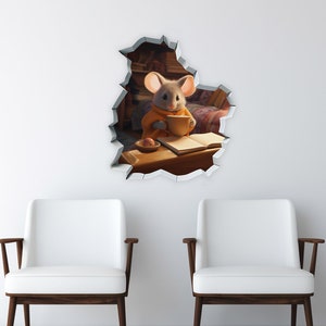 3D Mouse Reading Book, Removable Wall Decor, Mouse Hole Sticker, Skirting Board, Mouse with coffee, Wall Decal, Baseboard Sticker Decal A18