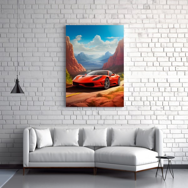 Sports Car and Californian Landscape Canvas Print, Red Car Canvas, SportCar Print, Large Wall Art, Gift for Car Owner, Car Poster Print H65
